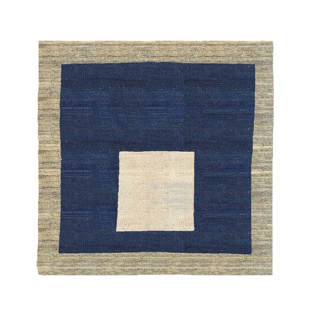 Navy and beige squares handwoven Afghan wool rug